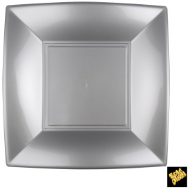 Plato de Plastico Llano Cuadrado Plata 290mm (12 Uds)