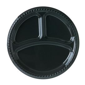 Plato de Plastico Party PS Llano Negro 3 compartimentos Ø260mm (25 Uds)