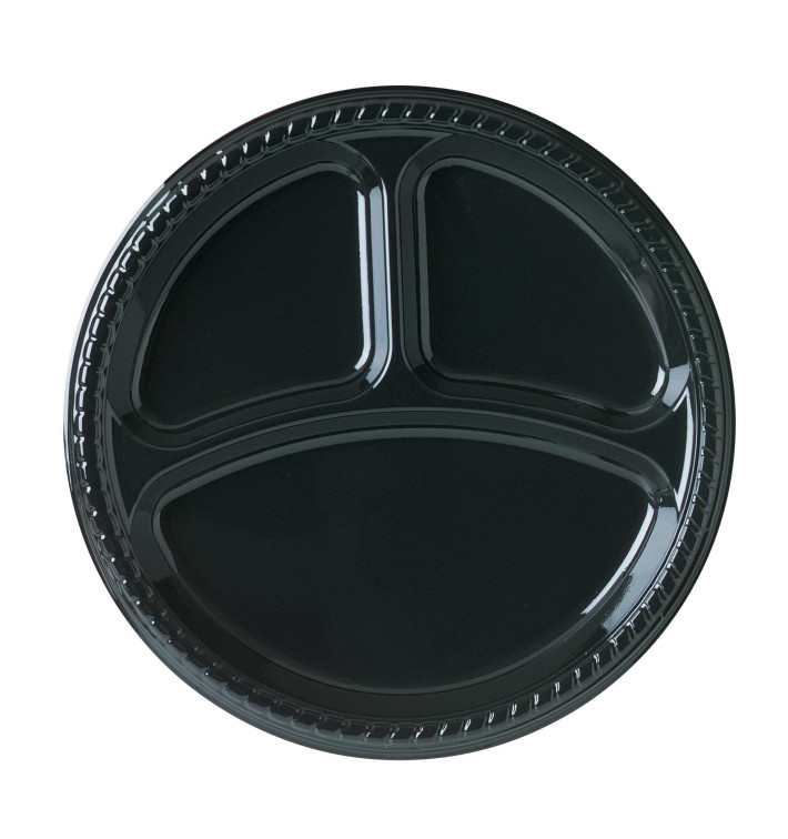 Plato de Plastico Party PS Llano Negro 3 compartimentos Ø260mm (25 Uds) Plato de Plastico Party PS Llano Negro 3 compartimentos Ø260mm (25 Uds)