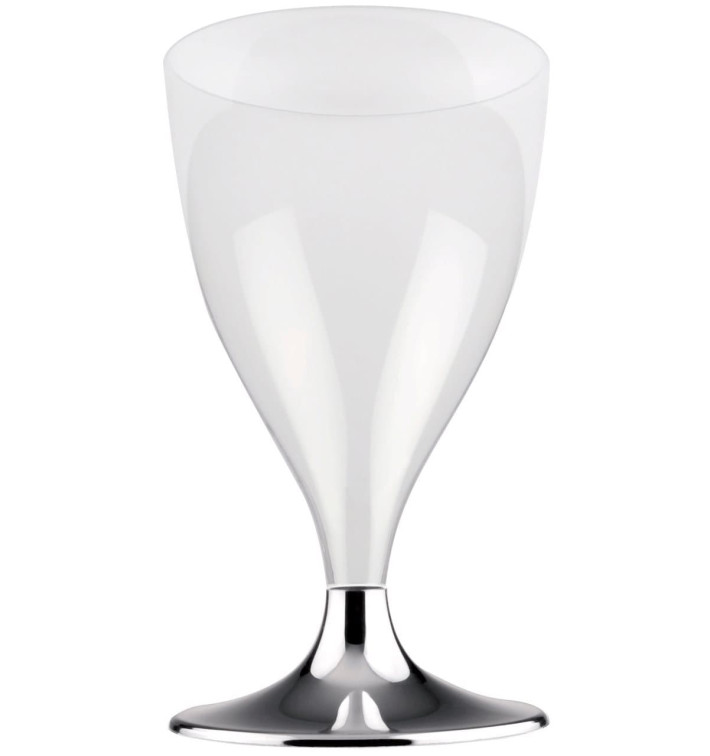 Copa de Plastico Vino con Pie Plata Cromado 200ml (20 Uds) Copa de Plastico Vino con Pie Plata Cromado 200ml (20 Uds)