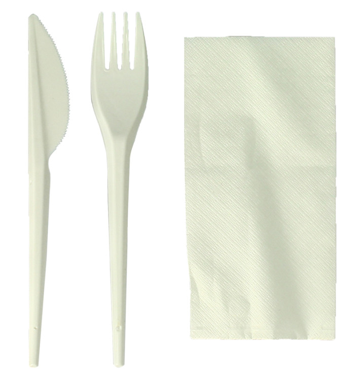 Set Cubiertos Tenedor, Cuchillo y Servilleta Almidón Maíz PLA (100 Uds)