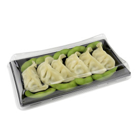 Bandeja Reutilizable PET Negra con Tapa  12x22cm (15 Uds)