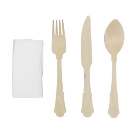 Set de Tenedor, Cuchiilo, Cuchara y Servilleta "Classic" de Madera 20cm (25 Uds)