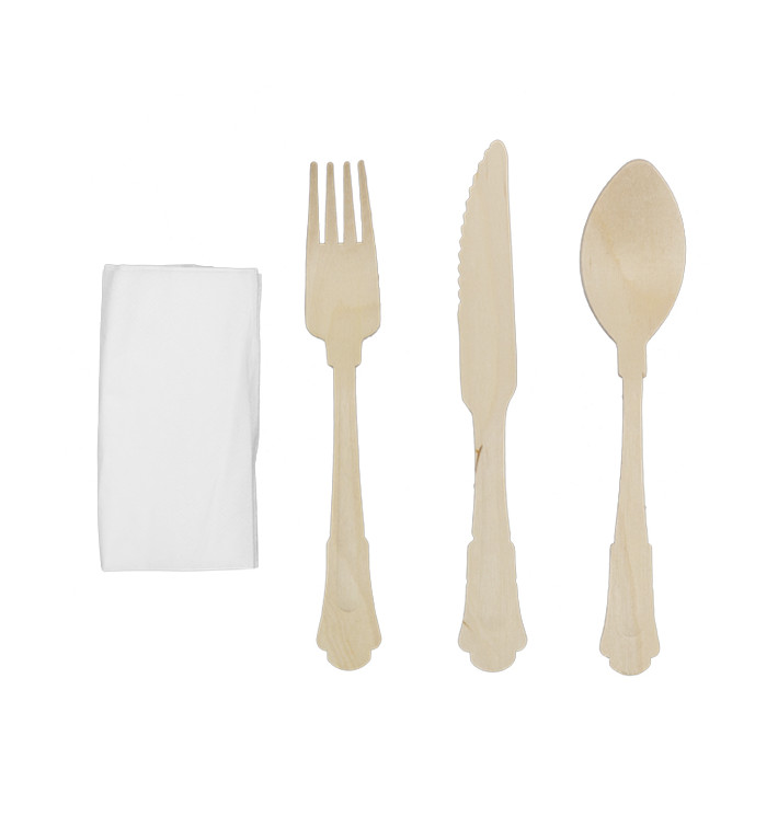 Set de Tenedor, Cuchiilo, Cuchara y Servilleta "Classic" de Madera 20cm (25 Uds) Set de Tenedor, Cuchiilo, Cuchara y Servilleta "Classic" de Madera 20cm (25 Uds)