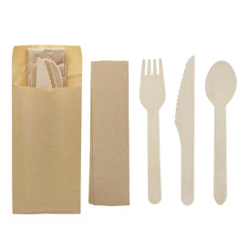 Set Cubiertos Madera Tenedor, Cuchillo, Cuchara y Servilleta (50 Uds)