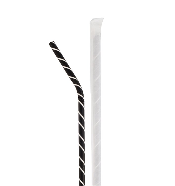Pajita Flexible Papel Negra Rayas Blancas Enfundada Ø6mm 21cm (100 Uds) Pajita Flexible Papel Negra Rayas Blancas Enfundada Ø6mm 21cm (100 Uds)