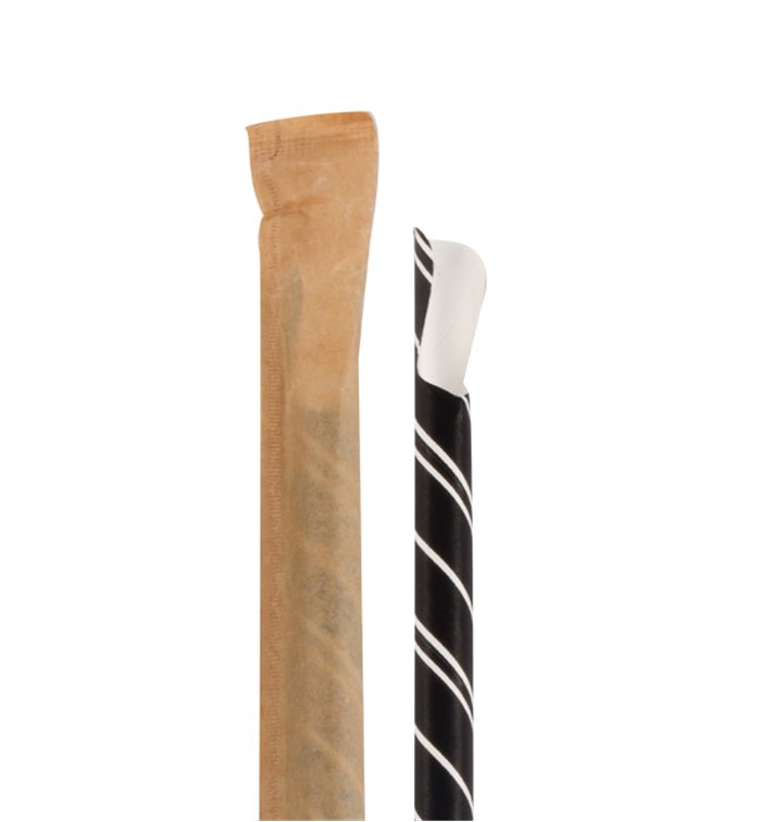 Pajita Cuchara Papel Negro Rayas Blancas Enfundada Ø8mm 20cm (100 Uds)