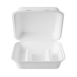 Envase para Tacos Tapa Bisagra Fibra Moldeada Blanco 3 Compartimentos 41x48x40cm (300 Uds)