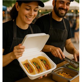 Envase para Tacos Tapa Bisagra Fibra Moldeada Blanco 3 Compartimentos 41x48x40cm (50 Uds)