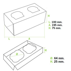 Caja 2 Cupcakes con Soporte 19,5x10x7,5cm Rosa (20 Uds)